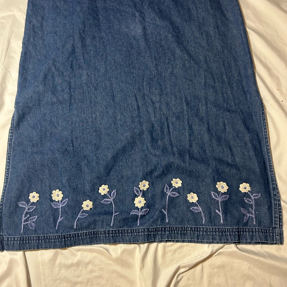 Vintage Erika Collection Blue Denim Cotton Jumper Dress Floral Accent Medium - Picture 6 of 14